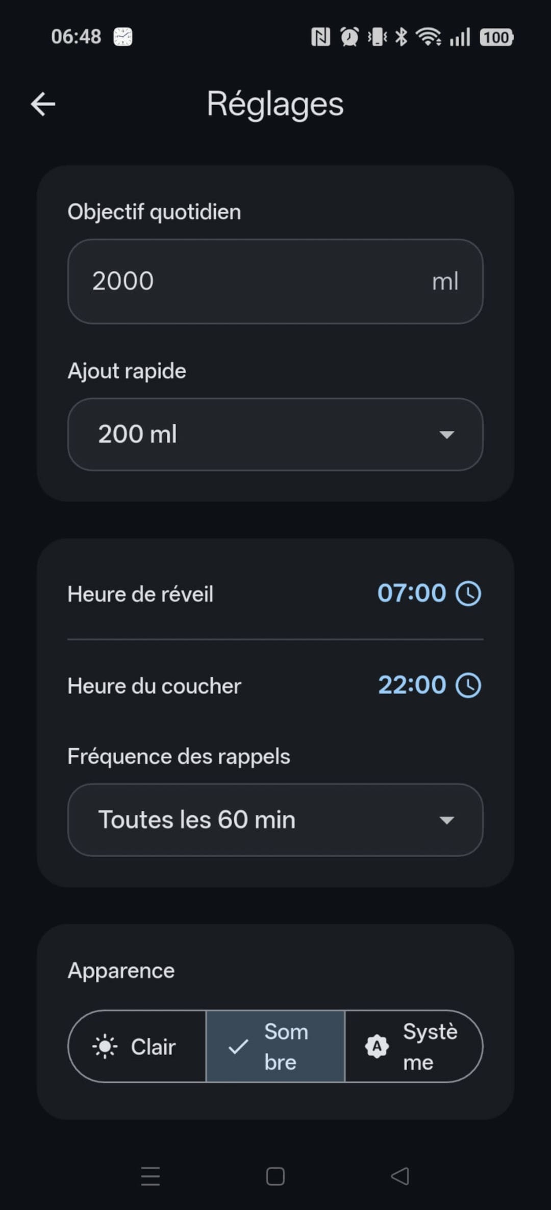 Waterize dark settings screen