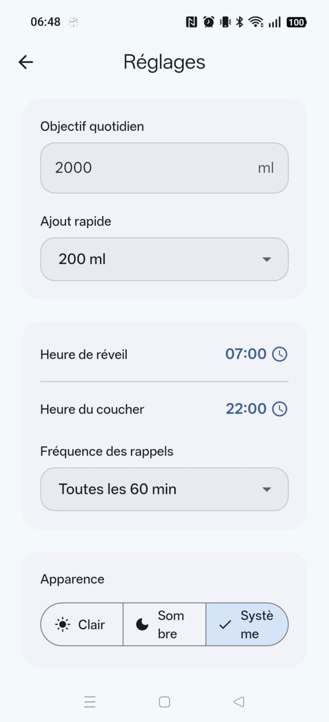 Waterize light settings screen